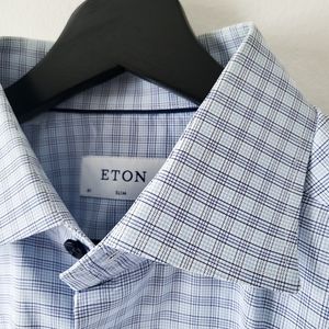 Eton Slim Fit 41x16 Light Blue Plaid Cotton Long Sleeve Button Up Shirt